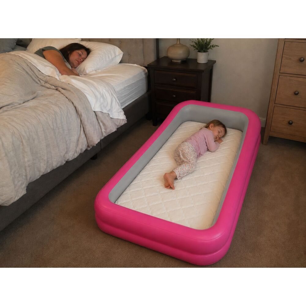 Pink Inflatable Toddler Travel Bed w/ Pump, Sheet & Carry Bag LG
